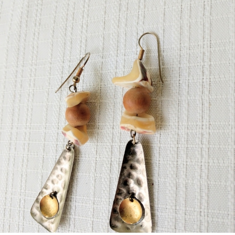 Earrings Pierced Dangles Silver Tan Cream Boho Gypsy Vintage Fishhook - Picture 7 of 8